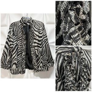 Berek Womens Sz L Ruffled Front Full Zip Up Blazer Jacket Black Metallic Gold